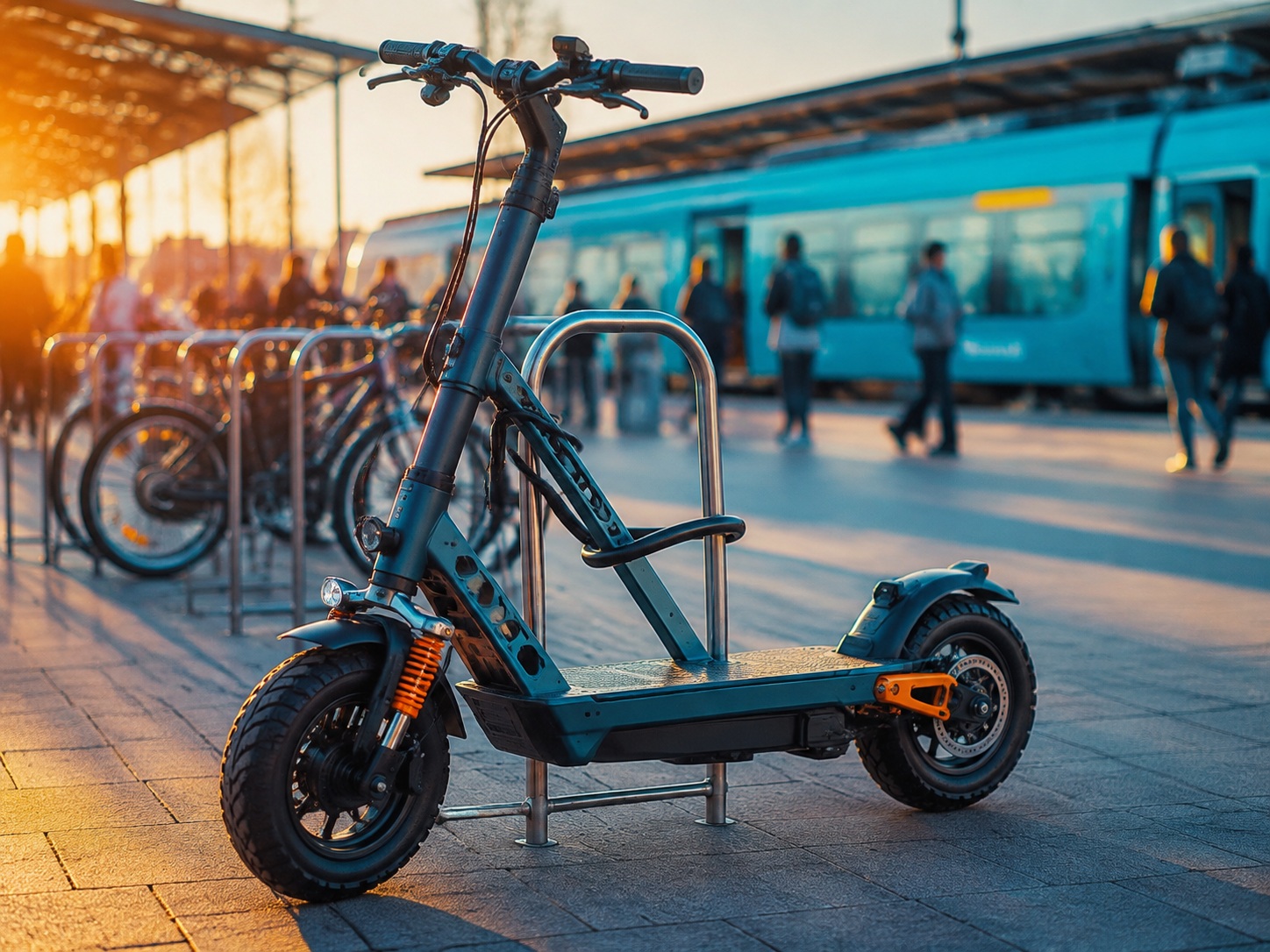 E-Scooter an einem Fahrradständer am Bahnsteig, im Hintergrund eine Bahn und wartende Menschen